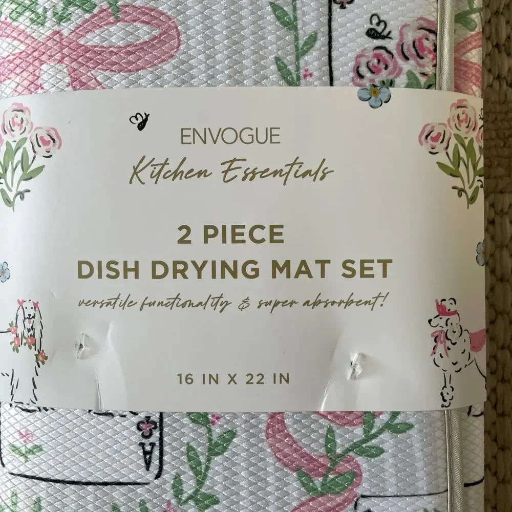 ENVOGUE Kitchen Dish Drying Mat 16x22 Set of 2 Pink Bows & Posh Dogs NEW